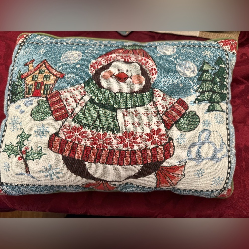 VINTAGE TAPESTRY WINTER SNOWBALL SNOW FLAKE PENGUIN PILLOW 17”ACROSS LENGTH 12”